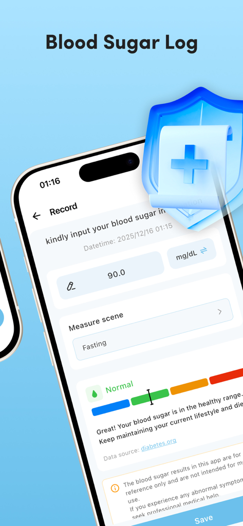 BP & Glucose Insight - Blood sugar logging screen on the app showing a normal fasting reading