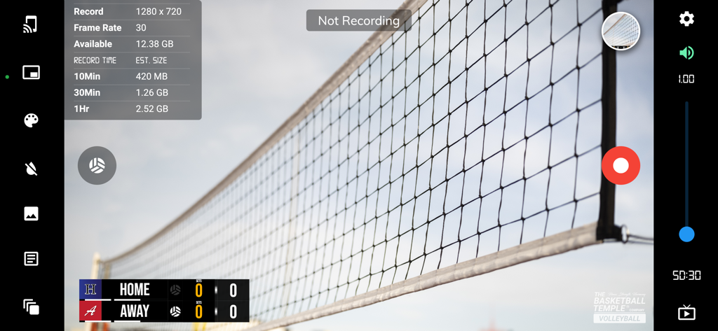 BT Volleyball Camera - BT Volleyball Camera app interface showing live camera feed with a professional scoreboard overlay and recording settings.