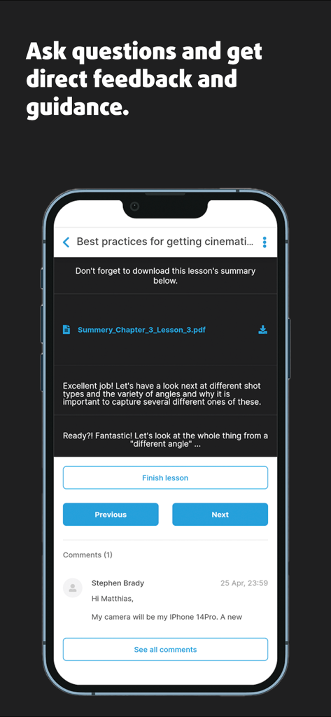 Underwater Video Academy - Captura de pantalla de la aplicación Underwater Video Academy que muestra una interfaz de lección con comentarios y opiniones de expertos.