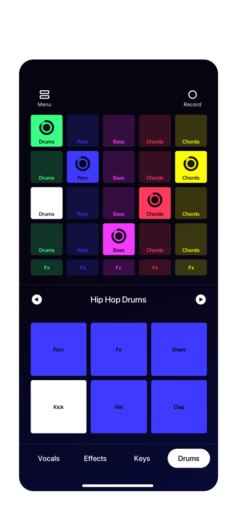 Loop Pads: DJ music beat maker - Interfaz de la aplicación creadora de ritmos musicales DJ de Loop Pads que muestra kits de batería de hip hop y coloridos pads de bucles musicales
