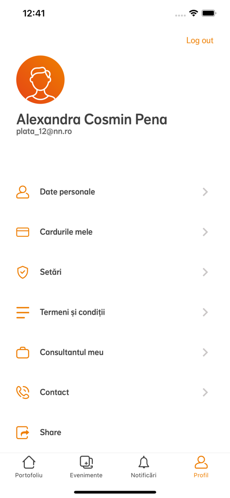 User profile screen of the NN Direct app showing account settings and personal information management.