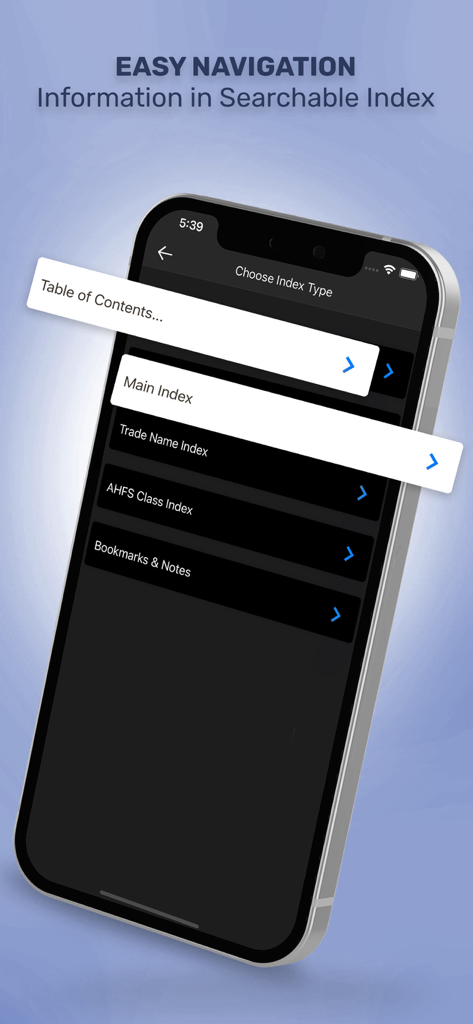 Handbook on Injectable Drugs - Handbook on Injectable Drugs app screen showing a searchable index with navigation options for main index trade names and AHFS classes.