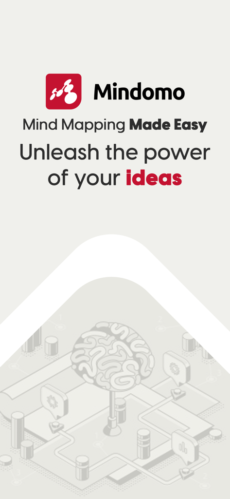 Mind Map Maker - Mindomo - Mindomo app promotional screen with a brain illustration and the text Unleash the power of your ideas.