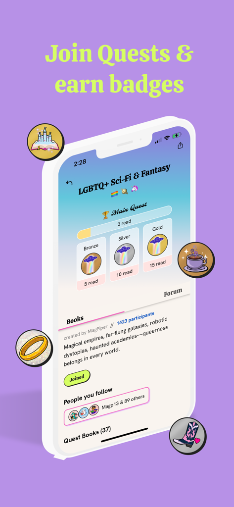 Pagebound: Social Book Tracker - A screenshot of the Pagebound app showing a reading quest for LGBTQ plus Sci-Fi and Fantasy with earnable badges