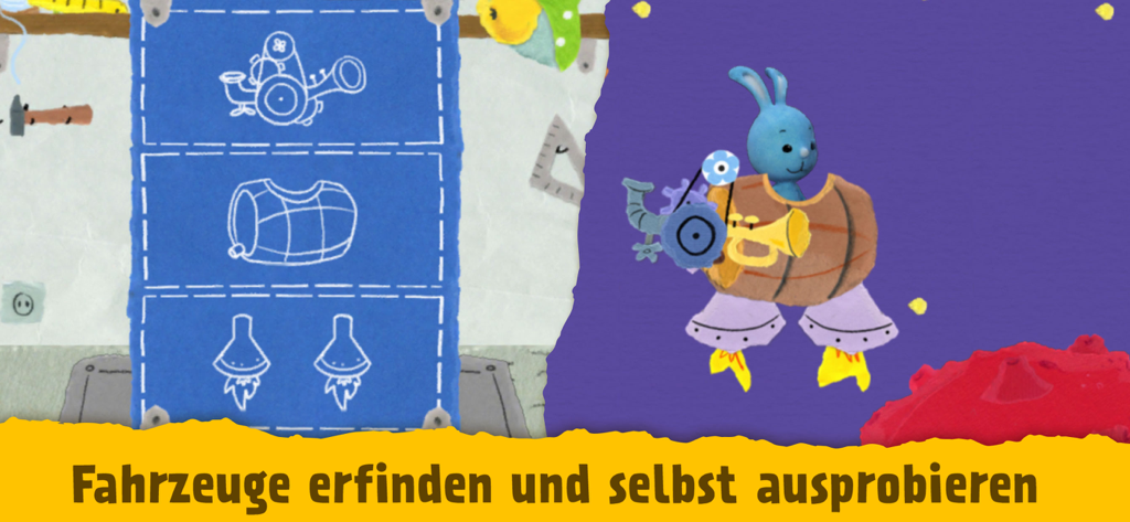 Blue rabbit character Kikaninchen building and testing custom vehicles.