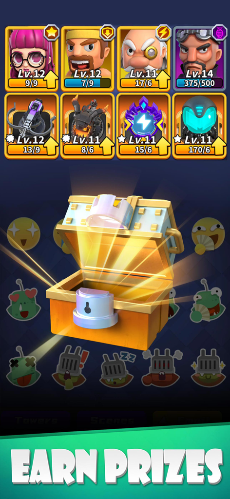 Random TD - A glowing treasure chest and character tower cards in Random TD mobile game with Earn Prizes text.