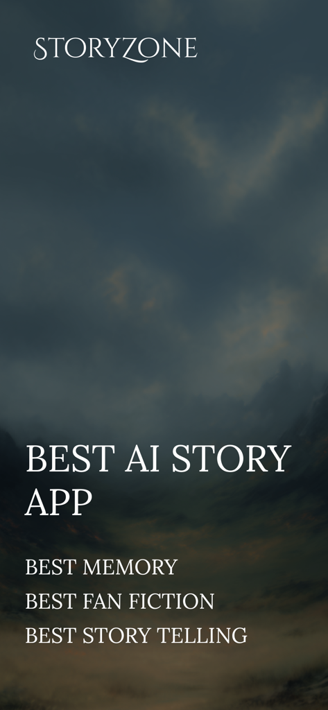 StoryZone app screen showing text describing it as the best AI story app with features for fan fiction and story telling.