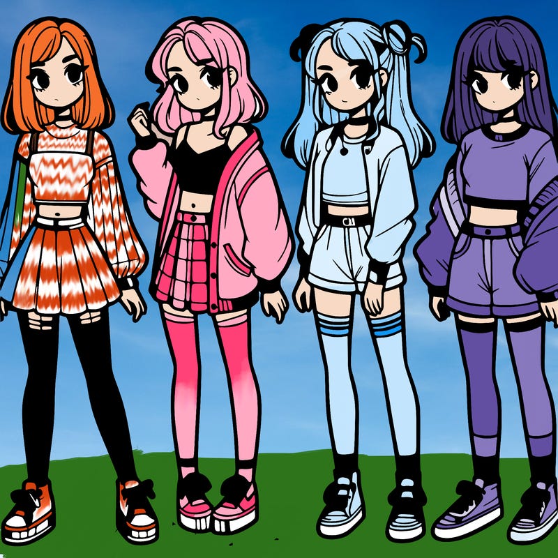 one girl with crop-top shirt and a jacket with a skirt, long socks and another girl with a shirt and pants with a jacket