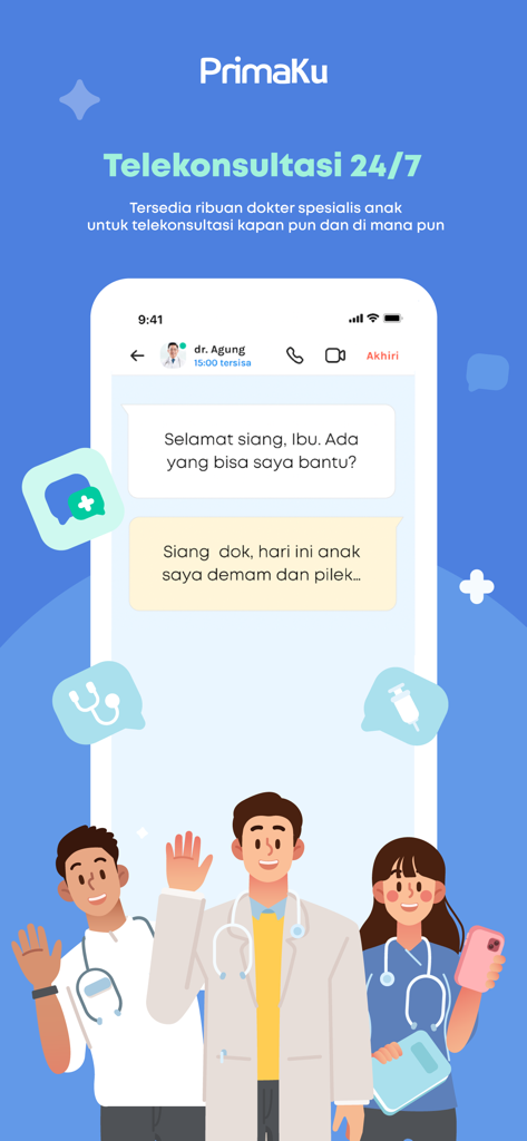 Schermata dell'app PrimaKu che mostra la funzione di teleconsultazione pediatrica attiva 24 ore su 24, 7 giorni su 7, con un'interfaccia di chat medica.