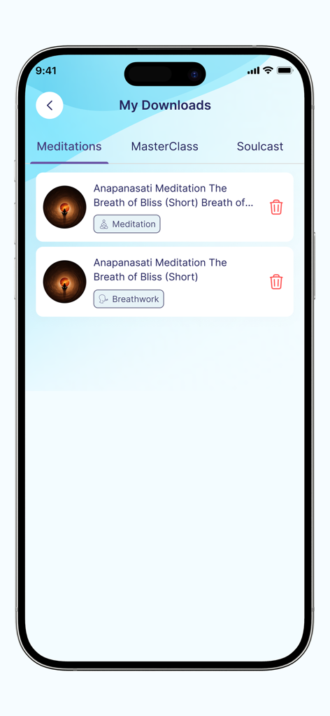 SOUL LAB - The My Downloads interface of the Soul Lab app displaying saved meditation and breathwork sessions.