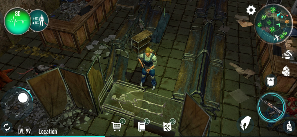 Survival Point: zombie island - Capture d'écran du gameplay de Survival Point île aux zombies montrant un personnage explorant une chambre d'hôpital abandonnée avec un squelette
