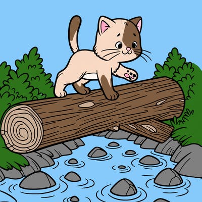 a cat balancing on a fallen log over a stream