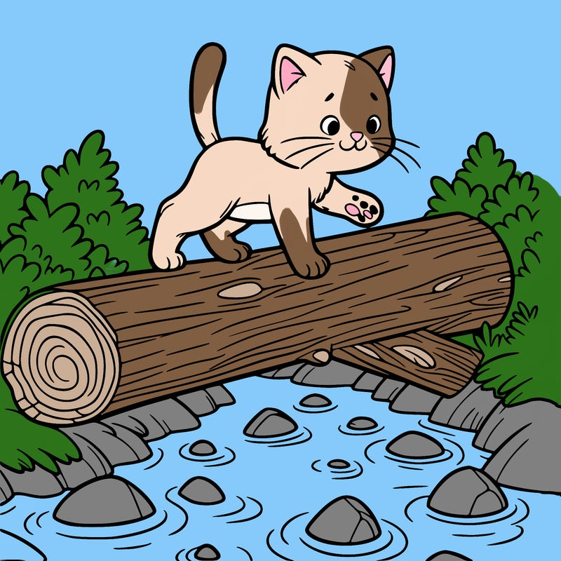 a cat balancing on a fallen log over a stream