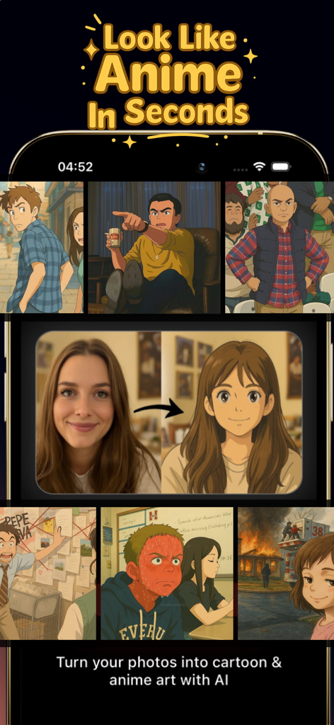 Cartoon Anime Maker: Toony - A mobile app screenshot showing a before and after comparison of a woman's photo transformed into a 90s anime style character using AI.