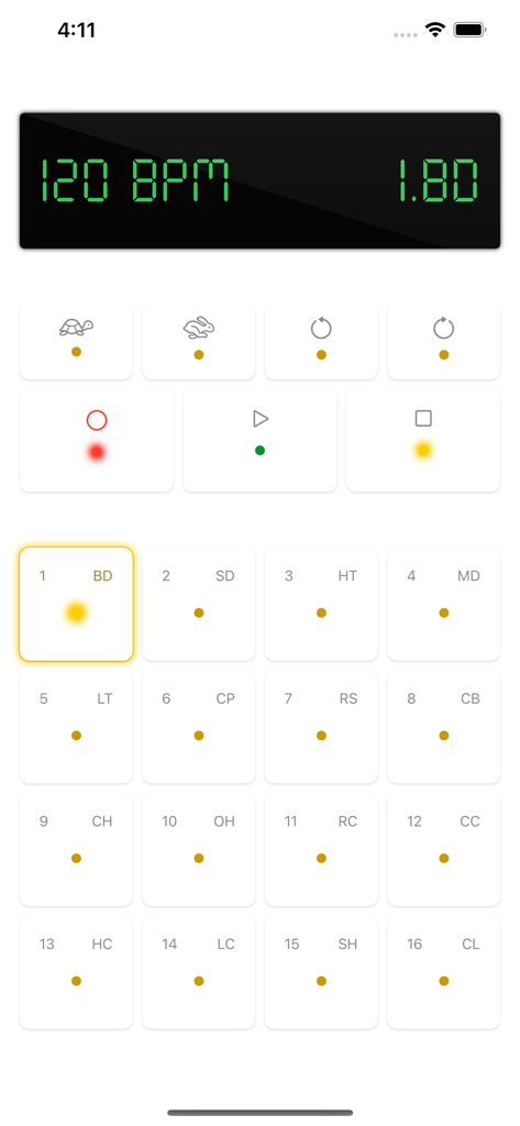 Groovebox - Retro Drum Machine - Interface of the Groovebox Retro Drum Machine app showing a 16 pad sequencer and 120 BPM display