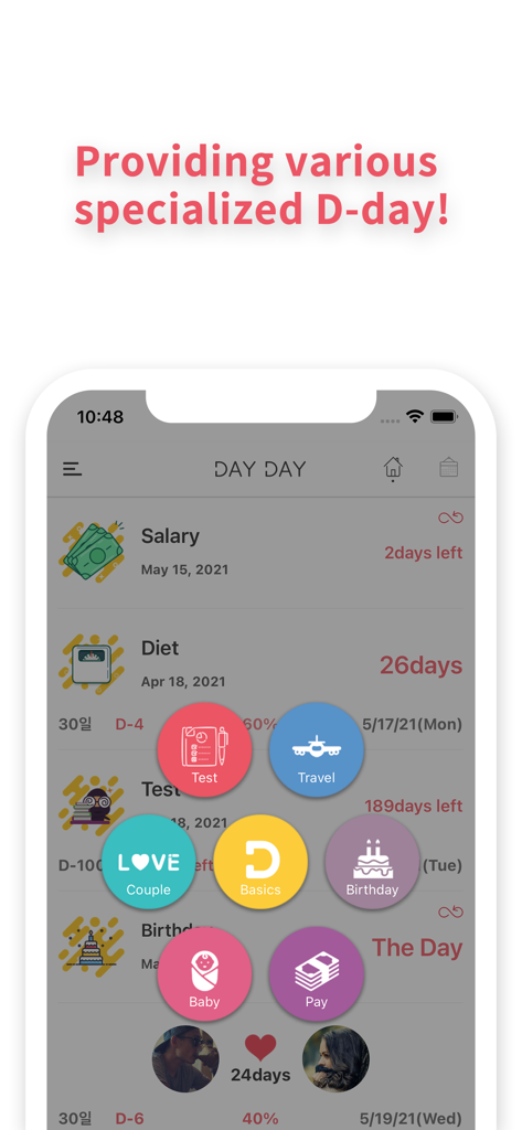 DAY DAY Widget - Ícones coloridos para rastrear eventos D-day especializados como viagens, aniversários de casal e marcos de bebês no aplicativo DAY DAY