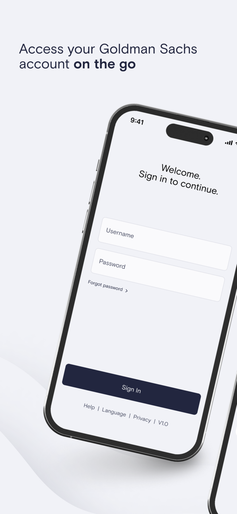 Schermata di accesso all'app Goldman Sachs Private Wealth Management