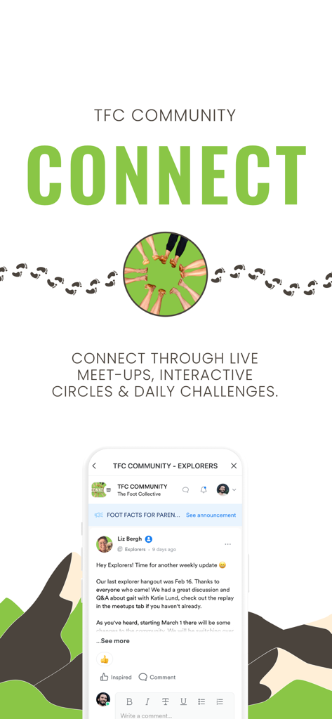 Pantalla de la aplicación TFC que muestra funciones comunitarias como encuentros en vivo y círculos interactivos para la educación sobre la salud del pie.