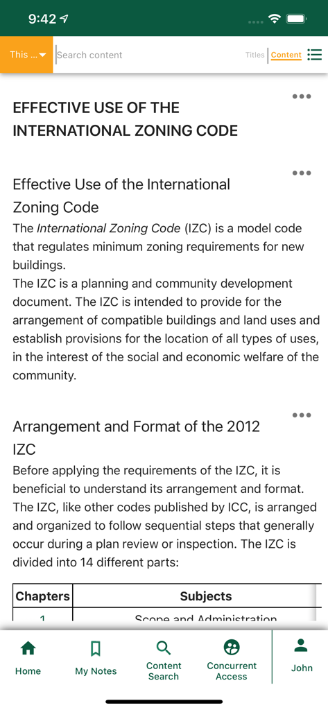 A mobile view of the International Zoning Code content within the ICC Digital Codes Premium app