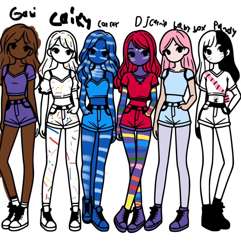 a group of girls wearing crop tops and shorts