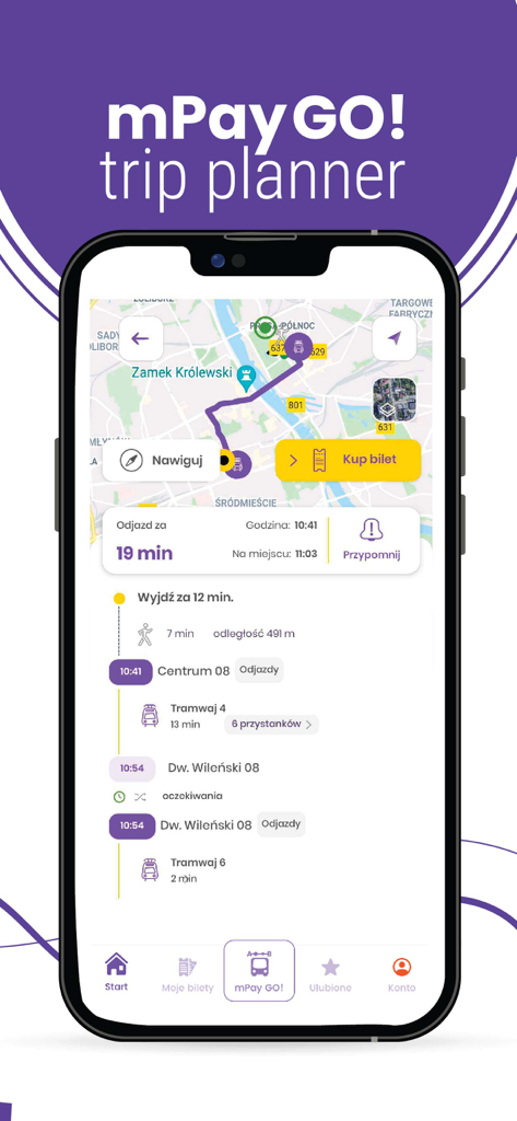 Planejador de viagens mPay GO exibindo rota de transporte e opção de compra de passagem
