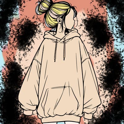 realistic girl with a oversized sweatshirt on and a bun