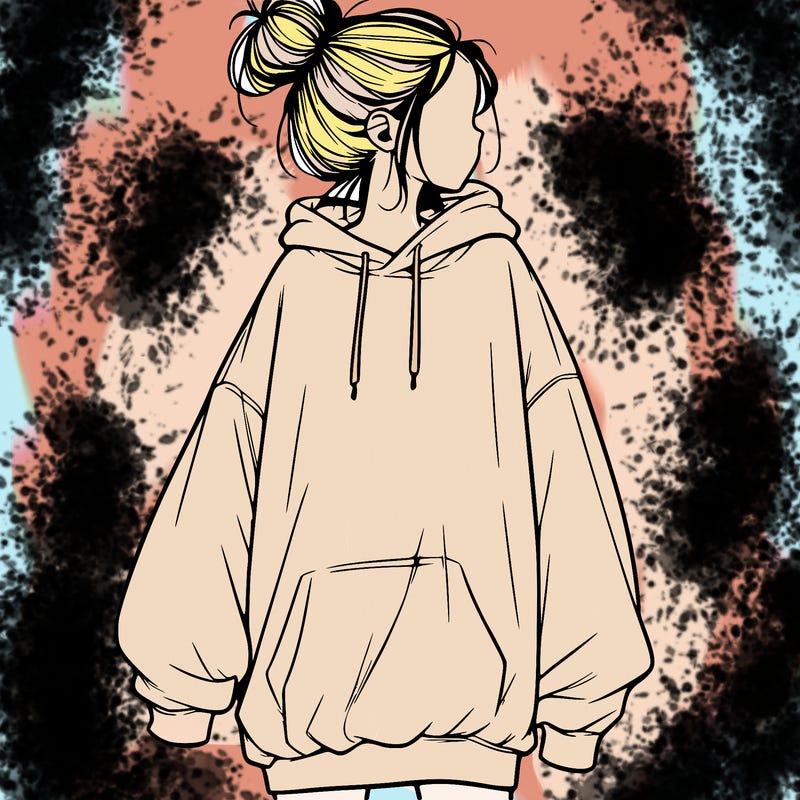 realistic girl with a oversized sweatshirt on and a bun