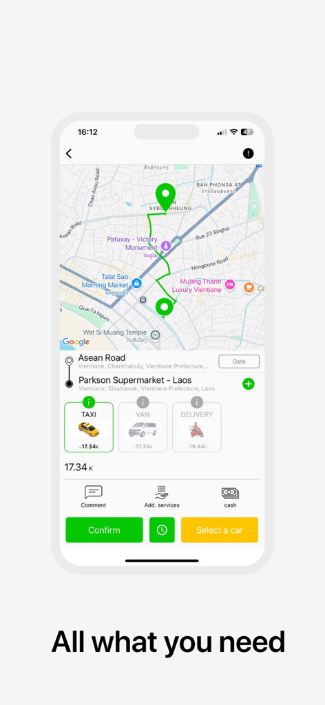 Flash Delivery LAO - Flash Delivery LAO mobile app interface showing a taxi booking map and ride options in Vientiane Laos