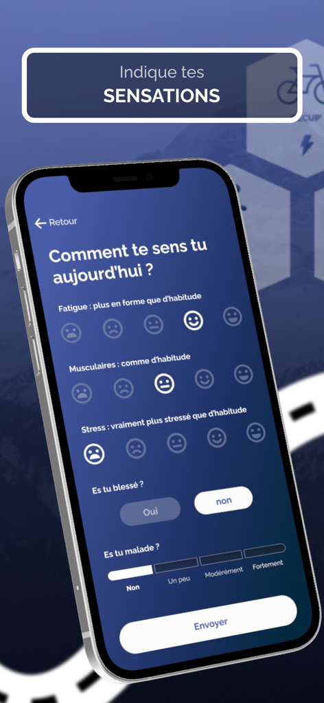Smartphone screen from the Frive app where a cyclist tracks daily fatigue, stress, and muscle soreness using emojis.
