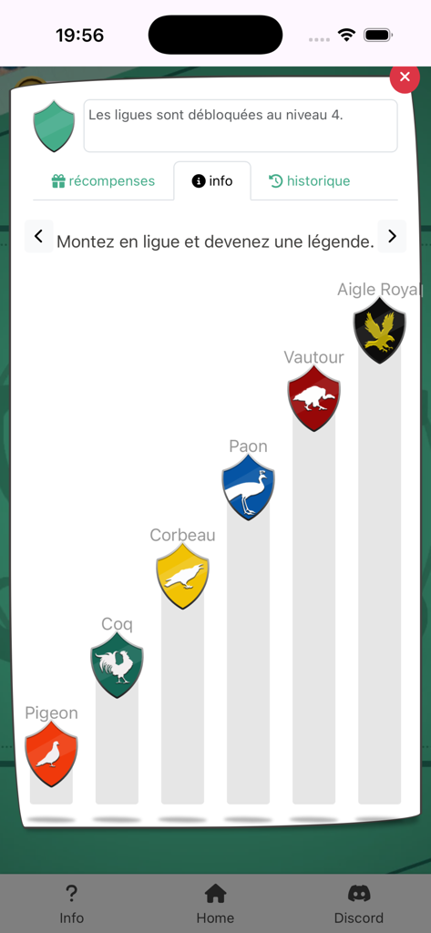 toutigame - Toutigame league ranking system showing different progression levels with bird icons from Pigeon to Royal Eagle.