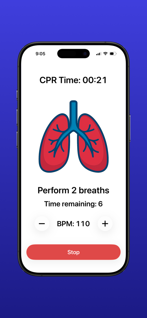 CPR Metronome: Rhythm Trainer - CPR Metronome app screen showing rescue breaths instruction with a countdown timer and lungs icon