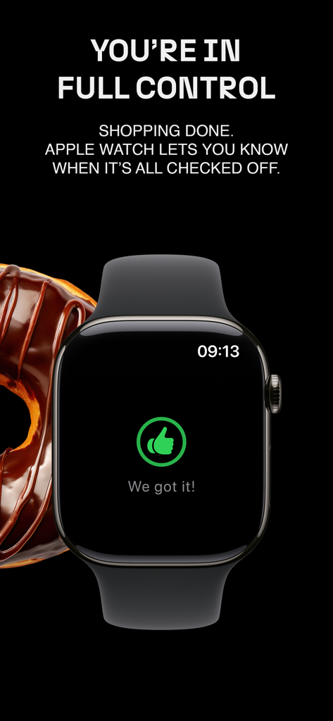 Shoplist - Your shopping list - Apple Watch displaying a green thumbs-up notification with the text We got it indicating the shopping list is finished in the Shoplist app