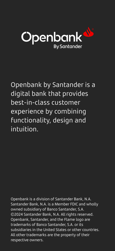 Openbank by Santander welcome screen explaining its digital banking mission and customer experience.