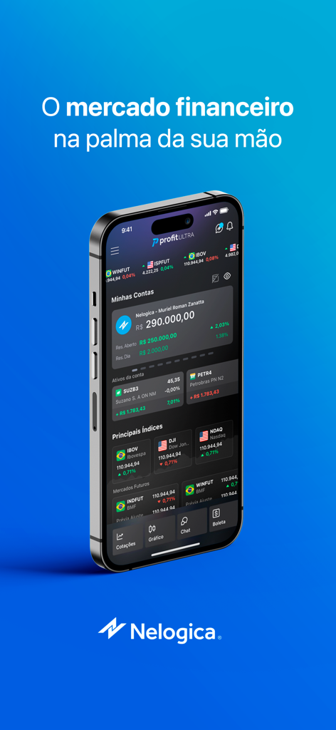 Profit Mobile - Profit Mobile trading app showing financial indices and portfolio balance on an iPhone screen