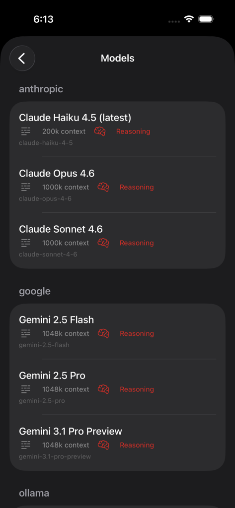 Interface of ClawTalk app showing a list of available AI models from Anthropic and Google with their context window specifications and reasoning capabilities.