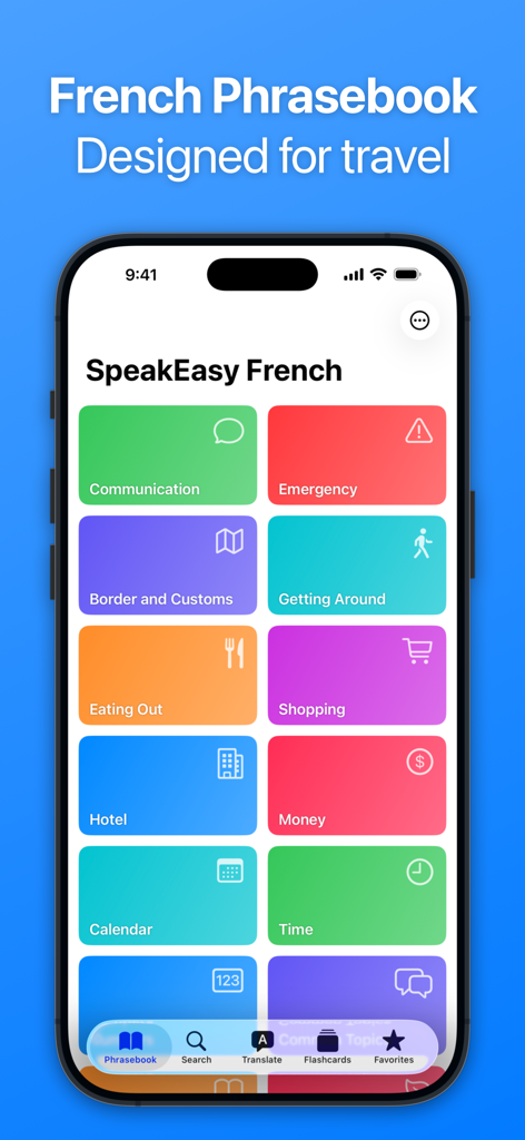 SpeakEasy French: Phrasebook - SpeakEasy French app interface displaying travel phrase categories like eating out, shopping, and emergency