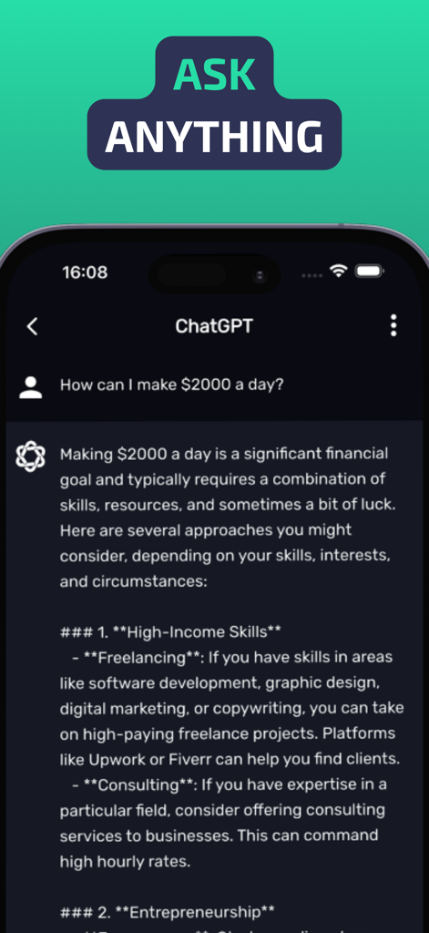 Interface do Chatbot Evo AI mostrando uma consulta sobre como ganhar dinheiro e uma resposta detalhada da IA.