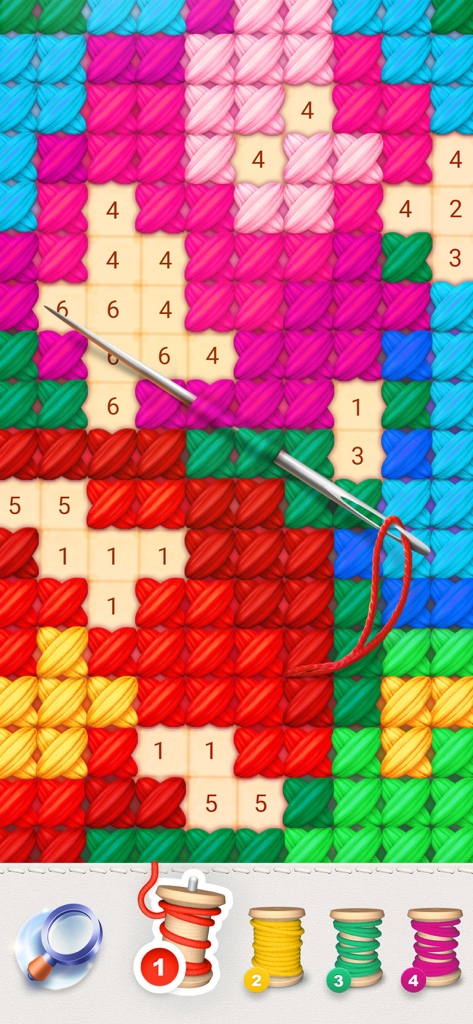 Digital cross-stitch gameplay interface showing a needle and color-by-number stitching patterns