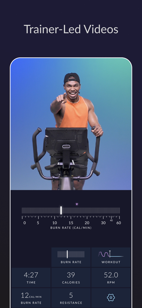 JRNY fitness app interface showing a trainer led video workout with real time metrics for time calories and burn rate