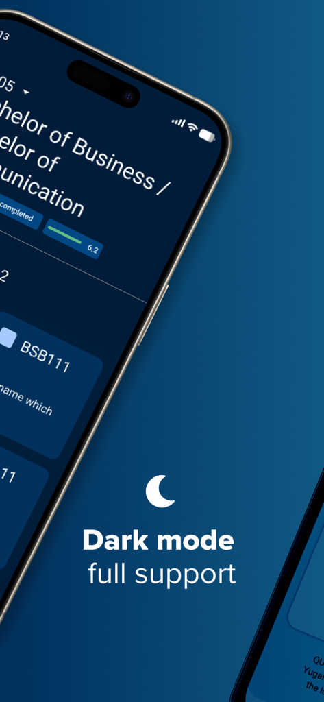 Screenshot of the QUT mobile app showcasing its dark mode user interface design.