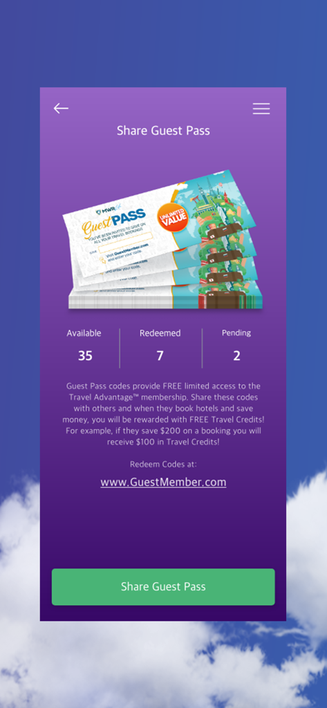 Travel Advantage - Interfaccia dell'app Travel Advantage per la condivisione di guest pass e il monitoraggio dei crediti di viaggio guadagnati