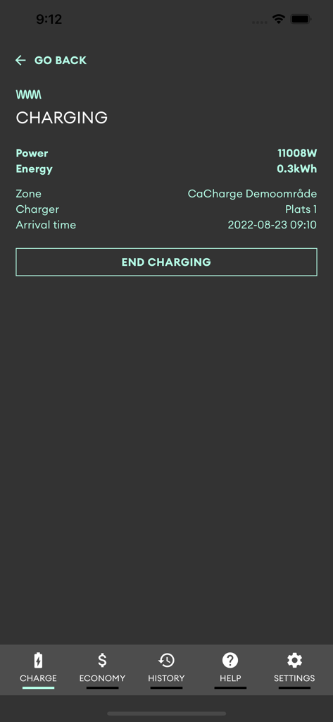 Waybler mobile app screen showing real-time EV charging data including power and energy levels