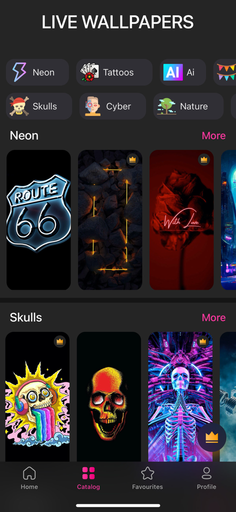 VIBE 4K Wallpapers Cool Screen - VIBE 4K wallpaper app catalog showing neon and skull categories for iPhone.