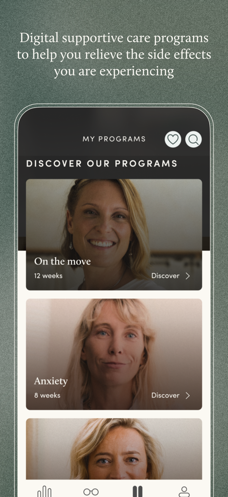Interface de l'application Resilience Care montrant des programmes de soutien pour l'anxiété et la santé physique afin de gérer les effets secondaires du cancer.