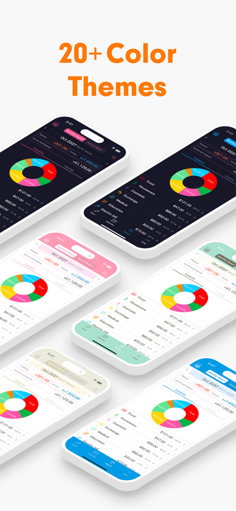 Múltiples pantallas de smartphone mostrando diferentes opciones de temas de color y gráficos circulares de presupuesto en la aplicación Money Note