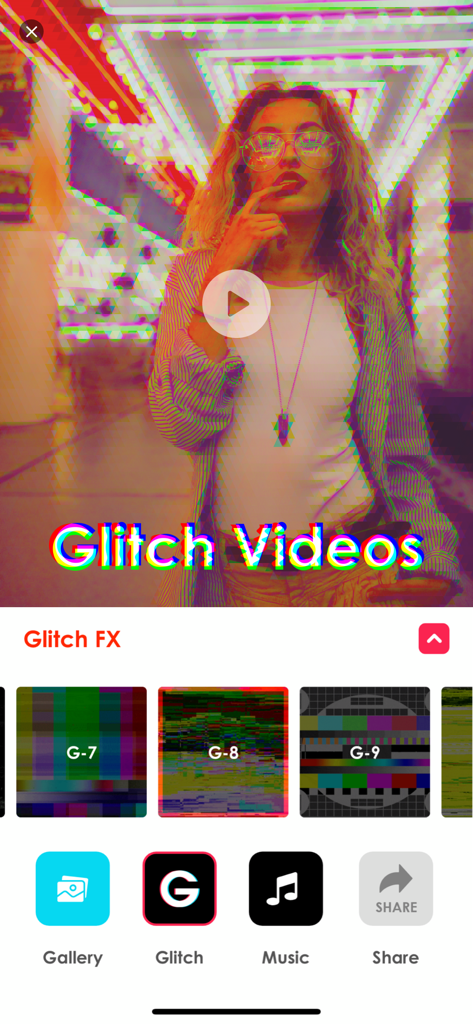 Glitch.Video - Mobile interface of Glitch Video app showing a video preview with aesthetic glitch effects and various filter options
