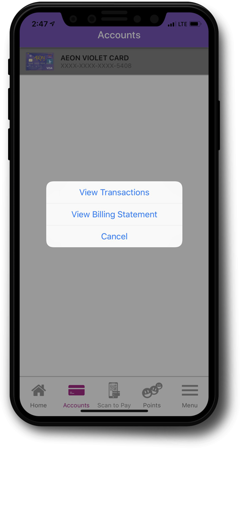 AEON CARD MOBILE account screen showing options to view transactions or billing statements