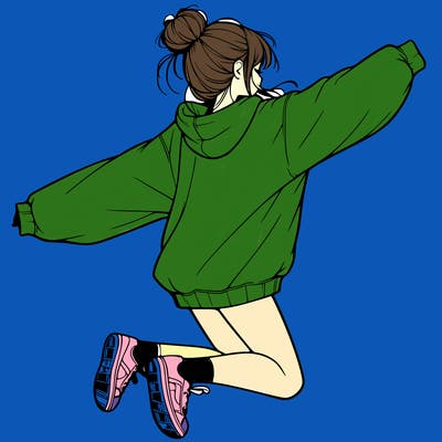 realistic girl jumping with a bun and oversized sweatshirt