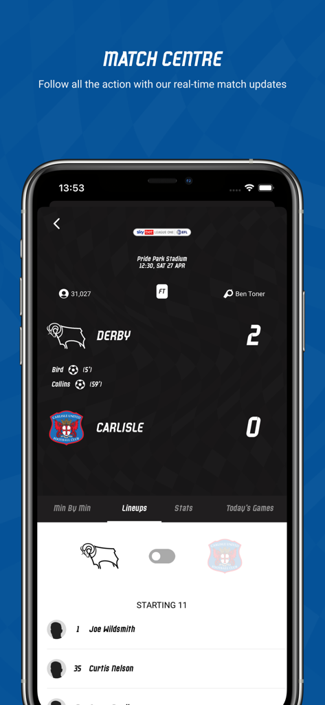 Derby County FC - Pantalla del Centro de Partidos de la app del Derby County FC mostrando resultados en directo y la alineación inicial para un partido contra Carlisle