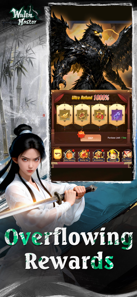 Wulin Master - Vplay - Wulin Master mobile game screenshot showing overflowing rewards and a female martial artist with a sword